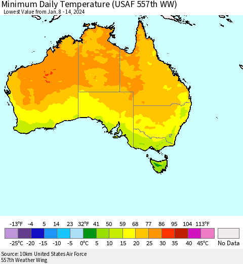 Australia Minimum Daily Temperature (USAF 557th WW) Thematic Map For 1/8/2024 - 1/14/2024