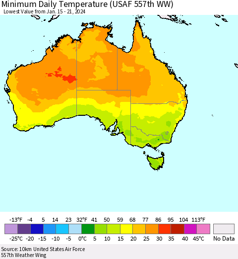 Australia Minimum Daily Temperature (USAF 557th WW) Thematic Map For 1/15/2024 - 1/21/2024