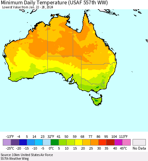 Australia Minimum Daily Temperature (USAF 557th WW) Thematic Map For 1/22/2024 - 1/28/2024