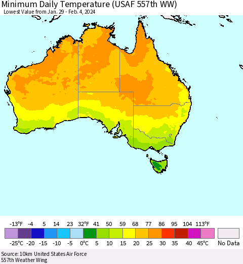 Australia Minimum Daily Temperature (USAF 557th WW) Thematic Map For 1/29/2024 - 2/4/2024