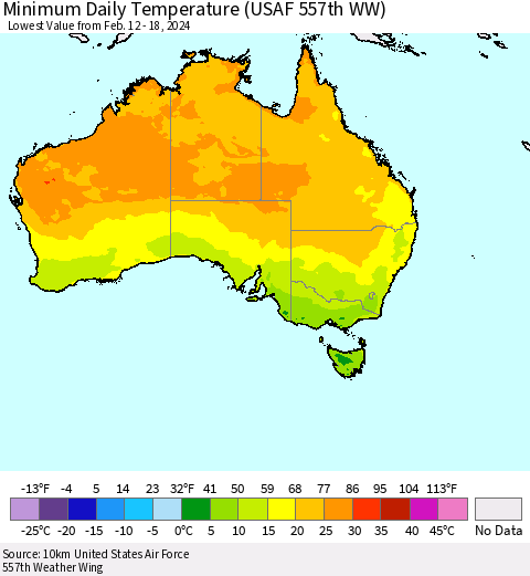 Australia Minimum Daily Temperature (USAF 557th WW) Thematic Map For 2/12/2024 - 2/18/2024