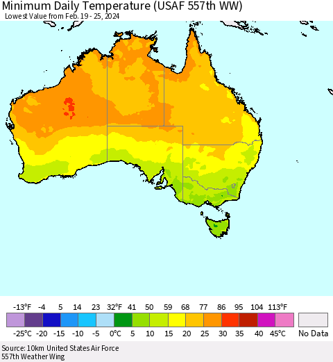 Australia Minimum Daily Temperature (USAF 557th WW) Thematic Map For 2/19/2024 - 2/25/2024