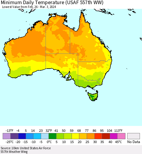 Australia Minimum Daily Temperature (USAF 557th WW) Thematic Map For 2/26/2024 - 3/3/2024