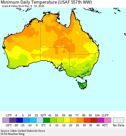 Australia Minimum Daily Temperature (USAF 557th WW) Thematic Map For 3/4/2024 - 3/10/2024