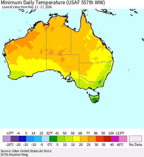 Australia Minimum Daily Temperature (USAF 557th WW) Thematic Map For 3/11/2024 - 3/17/2024