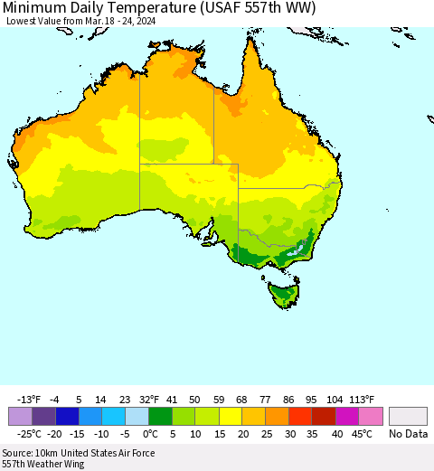 Australia Minimum Daily Temperature (USAF 557th WW) Thematic Map For 3/18/2024 - 3/24/2024