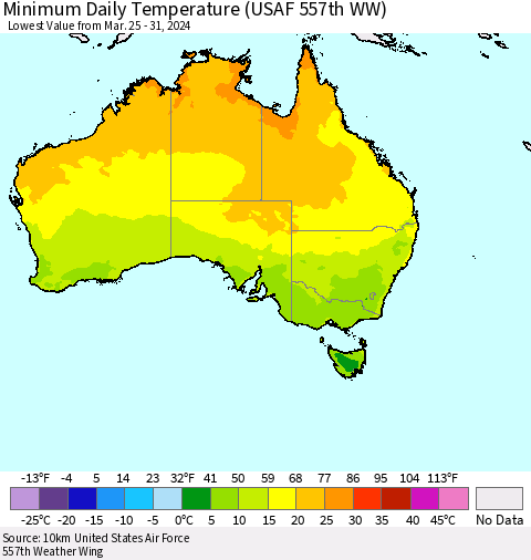 Australia Minimum Daily Temperature (USAF 557th WW) Thematic Map For 3/25/2024 - 3/31/2024