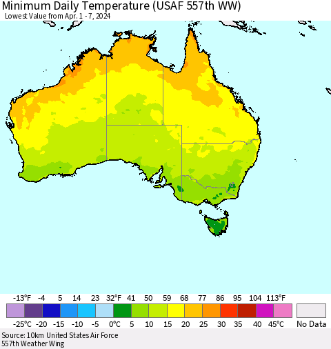 Australia Minimum Daily Temperature (USAF 557th WW) Thematic Map For 4/1/2024 - 4/7/2024