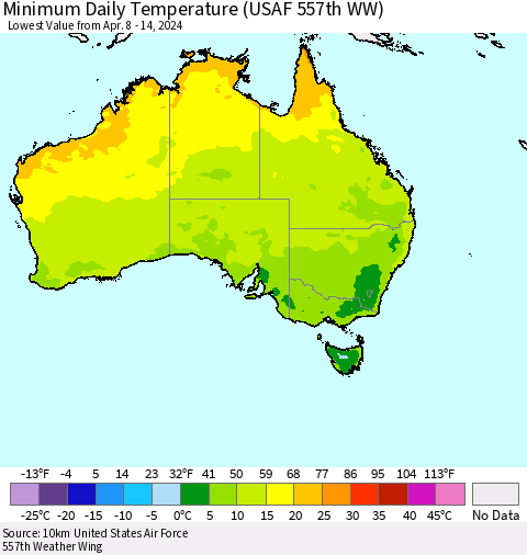 Australia Minimum Daily Temperature (USAF 557th WW) Thematic Map For 4/8/2024 - 4/14/2024