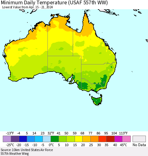 Australia Minimum Daily Temperature (USAF 557th WW) Thematic Map For 4/15/2024 - 4/21/2024