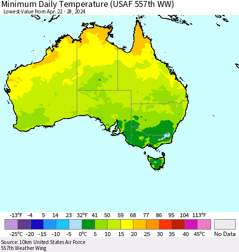 Australia Minimum Daily Temperature (USAF 557th WW) Thematic Map For 4/22/2024 - 4/28/2024