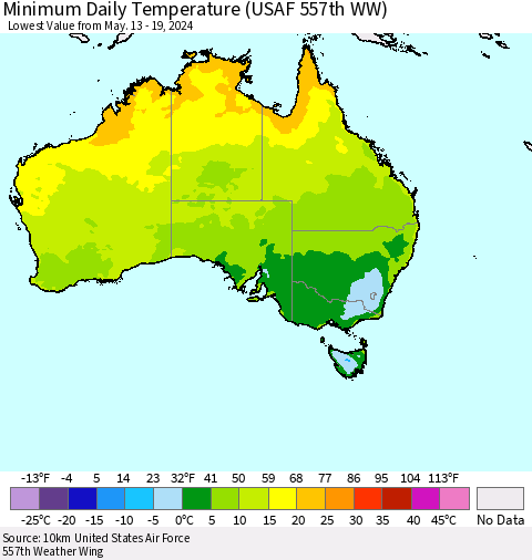 Australia Minimum Daily Temperature (USAF 557th WW) Thematic Map For 5/13/2024 - 5/19/2024