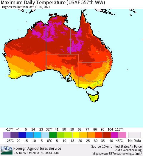 Australia Maximum Daily Temperature (USAF 557th WW) Thematic Map For 10/4/2021 - 10/10/2021