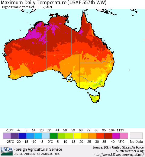 Australia Maximum Daily Temperature (USAF 557th WW) Thematic Map For 10/11/2021 - 10/17/2021