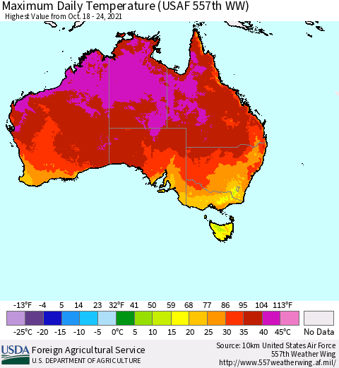 Australia Maximum Daily Temperature (USAF 557th WW) Thematic Map For 10/18/2021 - 10/24/2021