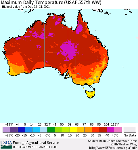 Australia Maximum Daily Temperature (USAF 557th WW) Thematic Map For 10/25/2021 - 10/31/2021
