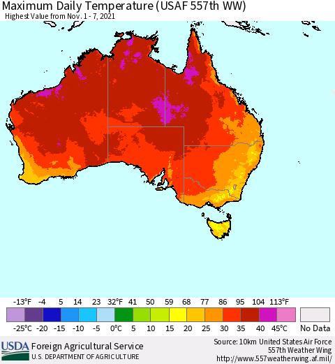 Australia Maximum Daily Temperature (USAF 557th WW) Thematic Map For 11/1/2021 - 11/7/2021