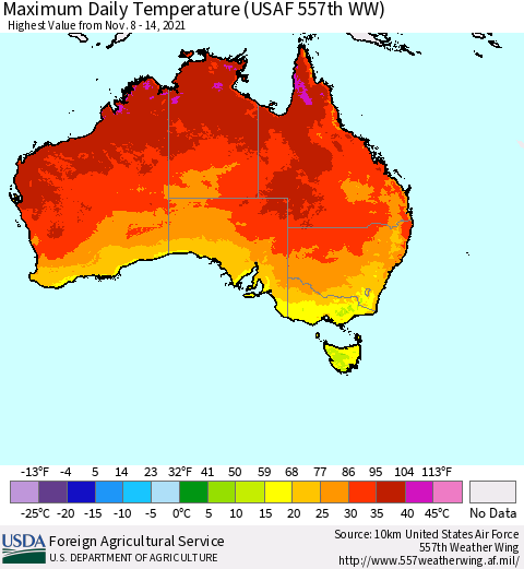 Australia Maximum Daily Temperature (USAF 557th WW) Thematic Map For 11/8/2021 - 11/14/2021