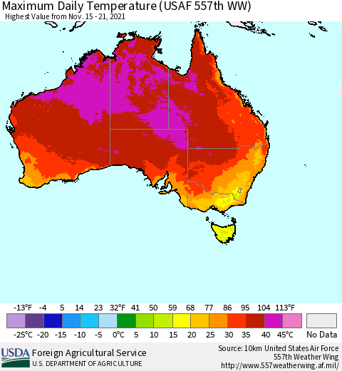Australia Maximum Daily Temperature (USAF 557th WW) Thematic Map For 11/15/2021 - 11/21/2021