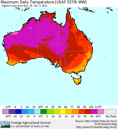 Australia Maximum Daily Temperature (USAF 557th WW) Thematic Map For 11/29/2021 - 12/5/2021