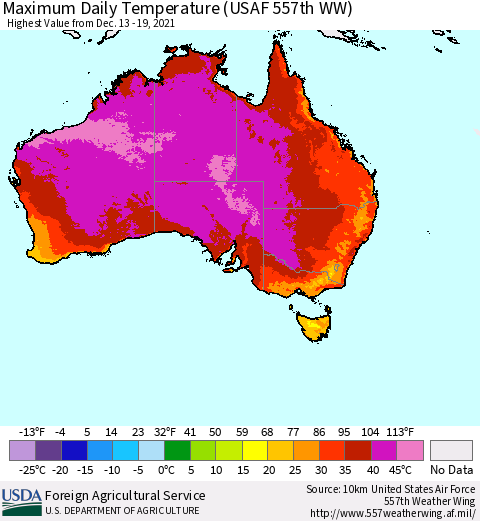 Australia Maximum Daily Temperature (USAF 557th WW) Thematic Map For 12/13/2021 - 12/19/2021