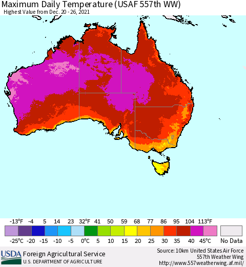 Australia Maximum Daily Temperature (USAF 557th WW) Thematic Map For 12/20/2021 - 12/26/2021