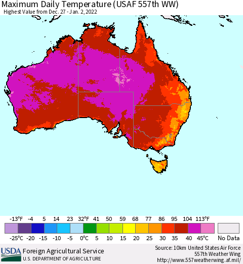 Australia Maximum Daily Temperature (USAF 557th WW) Thematic Map For 12/27/2021 - 1/2/2022
