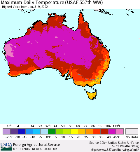 Australia Maximum Daily Temperature (USAF 557th WW) Thematic Map For 1/3/2022 - 1/9/2022
