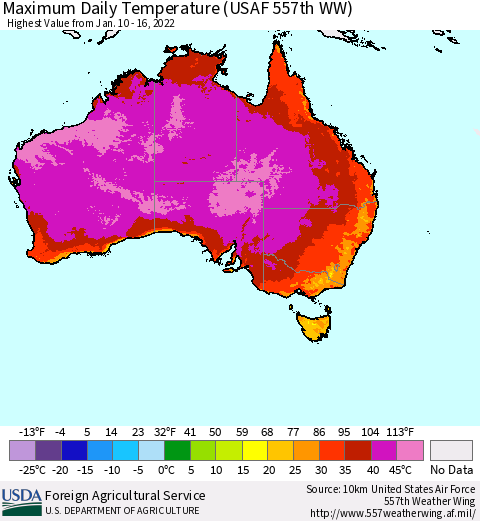 Australia Maximum Daily Temperature (USAF 557th WW) Thematic Map For 1/10/2022 - 1/16/2022