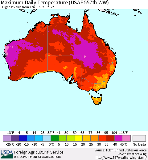 Australia Maximum Daily Temperature (USAF 557th WW) Thematic Map For 1/17/2022 - 1/23/2022