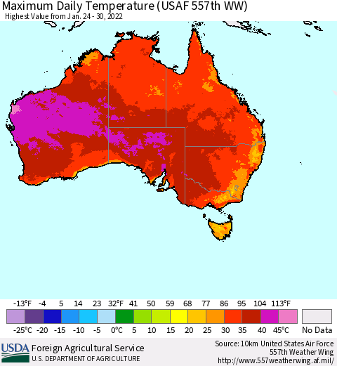 Australia Maximum Daily Temperature (USAF 557th WW) Thematic Map For 1/24/2022 - 1/30/2022