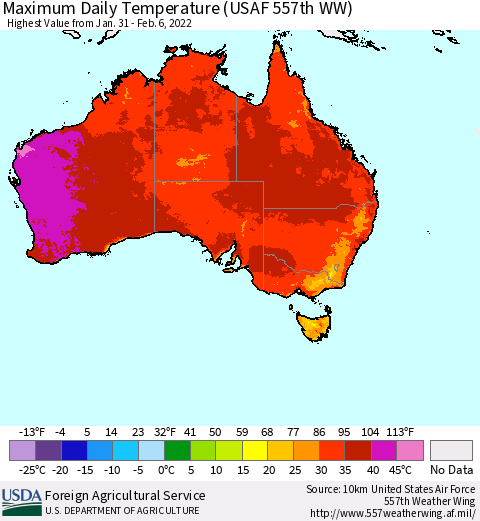 Australia Maximum Daily Temperature (USAF 557th WW) Thematic Map For 1/31/2022 - 2/6/2022
