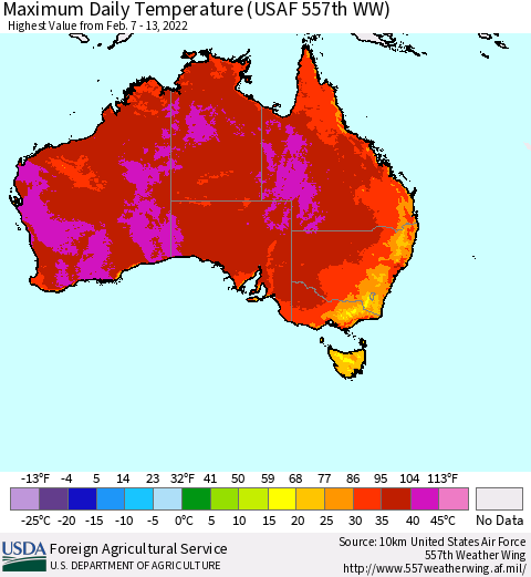 Australia Maximum Daily Temperature (USAF 557th WW) Thematic Map For 2/7/2022 - 2/13/2022