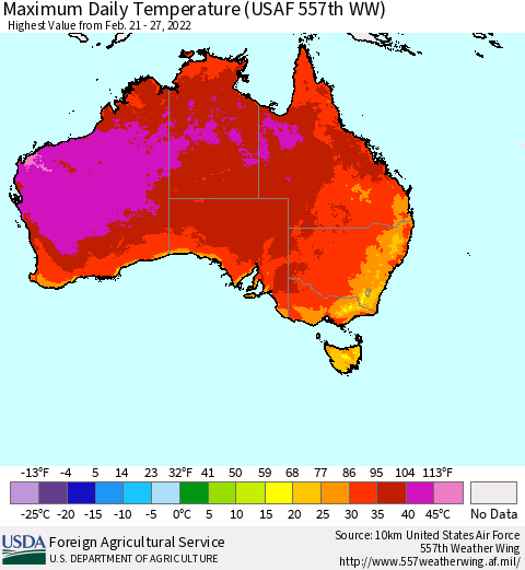 Australia Maximum Daily Temperature (USAF 557th WW) Thematic Map For 2/21/2022 - 2/27/2022
