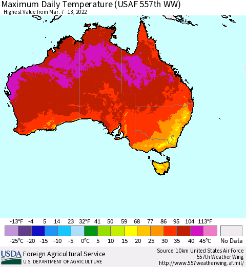 Australia Maximum Daily Temperature (USAF 557th WW) Thematic Map For 3/7/2022 - 3/13/2022