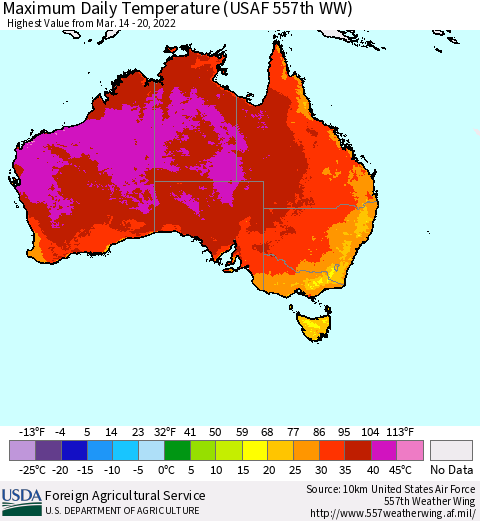 Australia Maximum Daily Temperature (USAF 557th WW) Thematic Map For 3/14/2022 - 3/20/2022