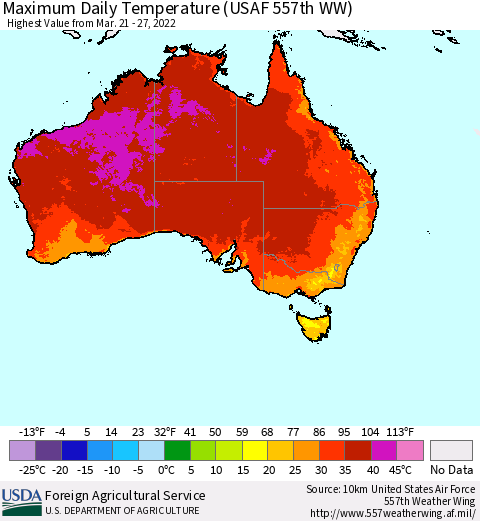 Australia Maximum Daily Temperature (USAF 557th WW) Thematic Map For 3/21/2022 - 3/27/2022
