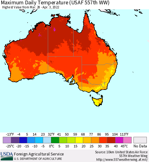 Australia Maximum Daily Temperature (USAF 557th WW) Thematic Map For 3/28/2022 - 4/3/2022