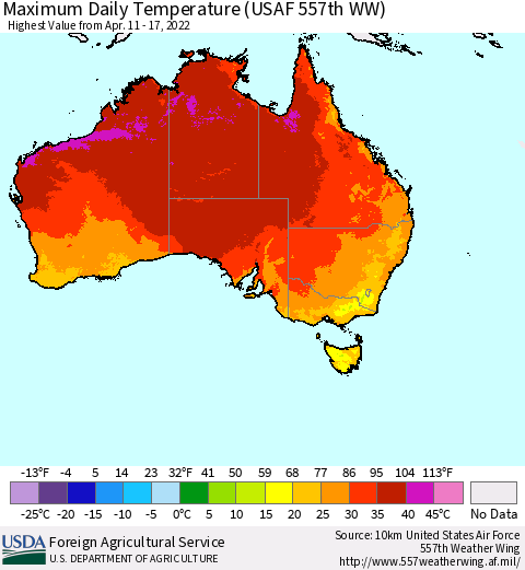 Australia Maximum Daily Temperature (USAF 557th WW) Thematic Map For 4/11/2022 - 4/17/2022
