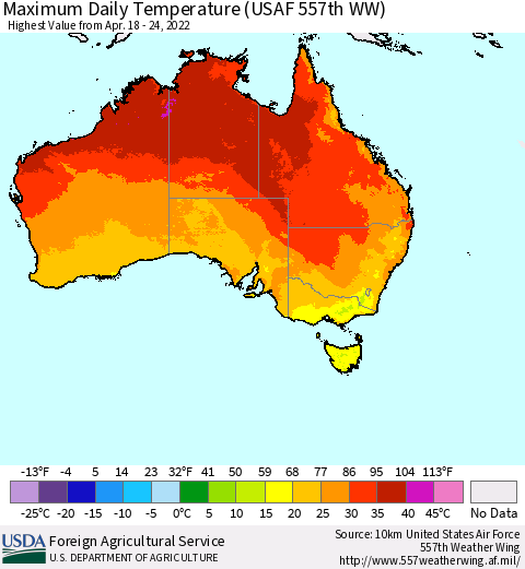 Australia Maximum Daily Temperature (USAF 557th WW) Thematic Map For 4/18/2022 - 4/24/2022