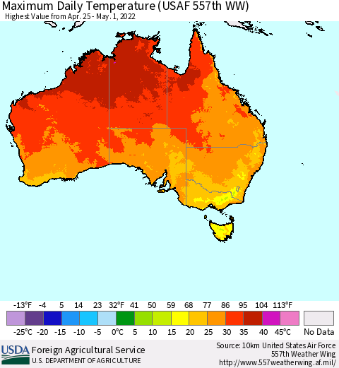 Australia Maximum Daily Temperature (USAF 557th WW) Thematic Map For 4/25/2022 - 5/1/2022