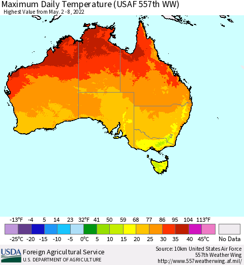 Australia Maximum Daily Temperature (USAF 557th WW) Thematic Map For 5/2/2022 - 5/8/2022