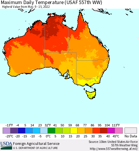 Australia Maximum Daily Temperature (USAF 557th WW) Thematic Map For 5/9/2022 - 5/15/2022