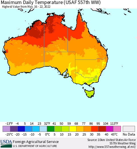 Australia Maximum Daily Temperature (USAF 557th WW) Thematic Map For 5/16/2022 - 5/22/2022