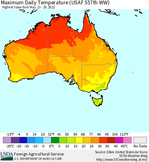 Australia Maximum Daily Temperature (USAF 557th WW) Thematic Map For 5/23/2022 - 5/29/2022