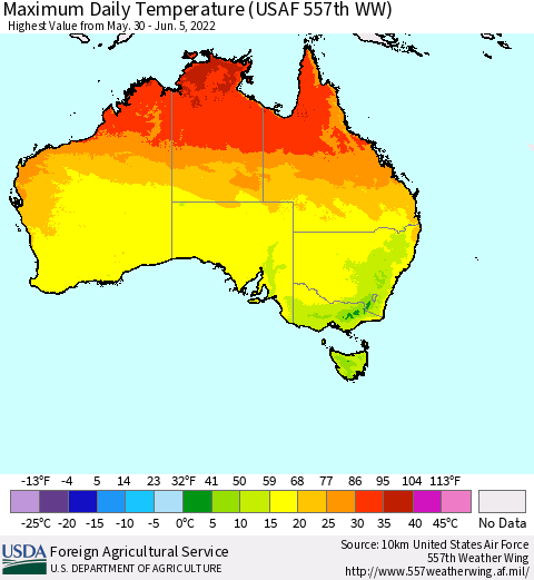 Australia Maximum Daily Temperature (USAF 557th WW) Thematic Map For 5/30/2022 - 6/5/2022