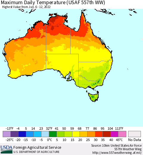 Australia Maximum Daily Temperature (USAF 557th WW) Thematic Map For 6/6/2022 - 6/12/2022