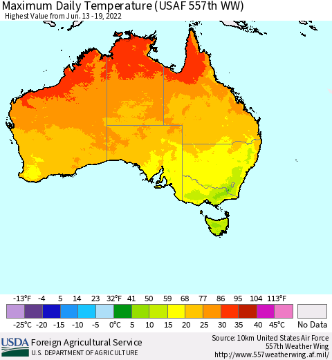 Australia Maximum Daily Temperature (USAF 557th WW) Thematic Map For 6/13/2022 - 6/19/2022
