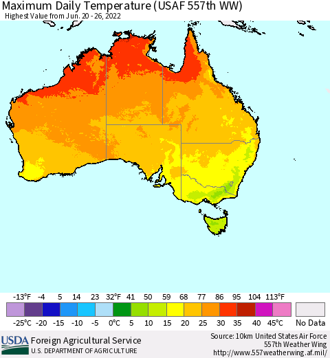 Australia Maximum Daily Temperature (USAF 557th WW) Thematic Map For 6/20/2022 - 6/26/2022