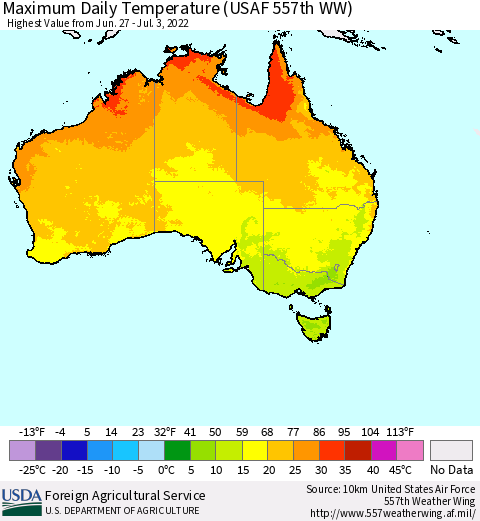 Australia Maximum Daily Temperature (USAF 557th WW) Thematic Map For 6/27/2022 - 7/3/2022